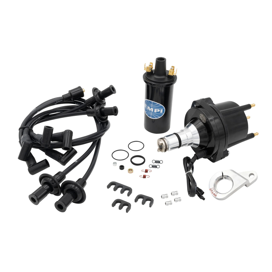 EMPI HEI Ignition Kit for VW, including a billet distributor, plug wires, coil, and other installation components - Aircooled Vintage Works