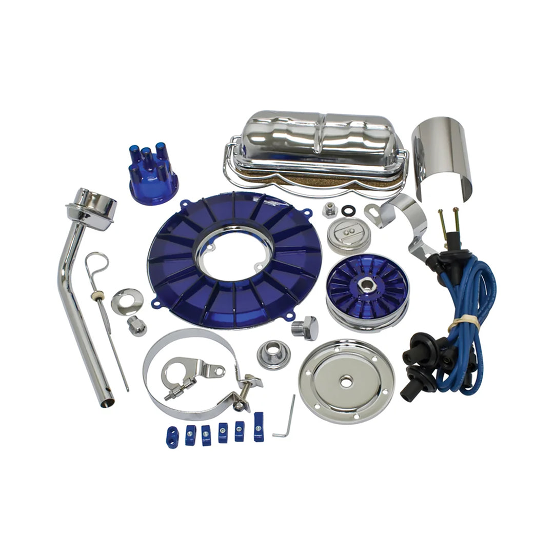 Super Chrome and Blue Deluxe VW Engine Dress Up Kit Aircooled Vintage Works Super Chrome and Blue Deluxe VW Engine Dress Up Kit Aircooled Vintage Works