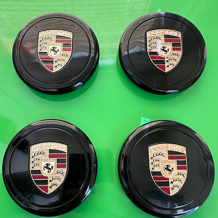 Gloss Black Porsche Inlaid Crest Center Caps Set